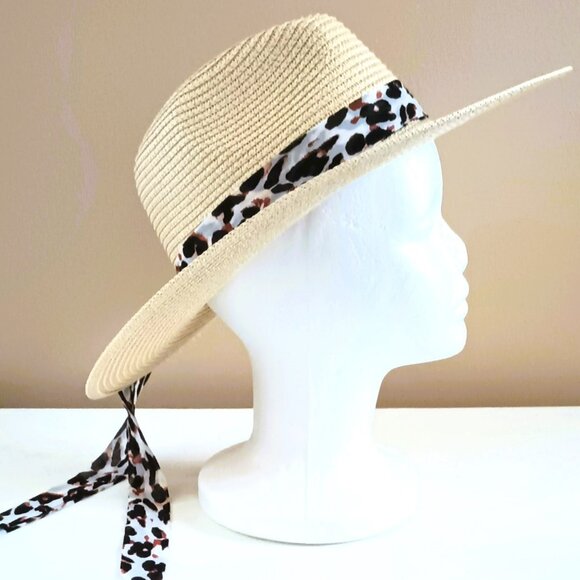 Vince Camuto Paper Straw Hat Cream with Leopard Tie Band Floppy Sun Hat - Picture 4 of 9